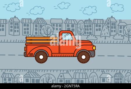 Retro red pickup truck in the city Stock Vector