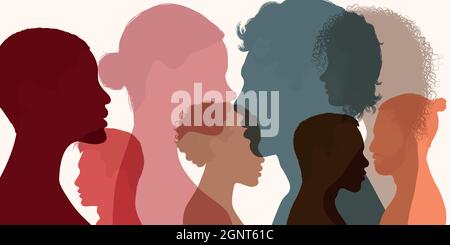 Silhouette heads faces in profile of multiethnic and multicultural people. Psychology concept. Solving psychological problems. Communication. Team Stock Vector