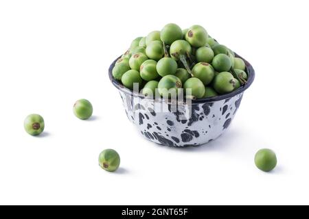 turkey berry, also called wild eggplant or pea eggplant, cup full of round vegetable isolated on white background Stock Photo