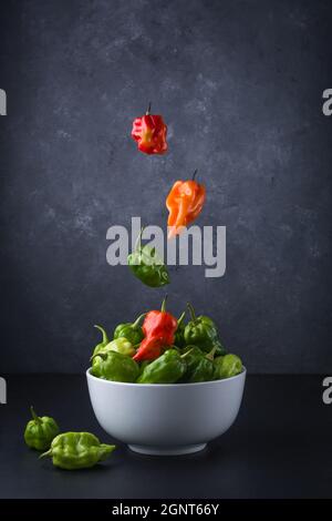 habanero chili peppers, ripe and unripe hot variety of capsicum chinense, green, orange and red color fruits falling into a bowl Stock Photo