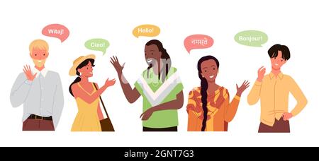 People say hello on different languages, global international communication concept vector illustration. Cartoon man woman characters talk, speech conversation with chat bubbles isolated on white Stock Vector