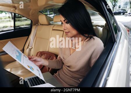 Busy young Asian female financier sitting inside of luxury car and working with business graph using laptop Stock Photo