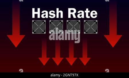 Hash rate fallen red down arrow. Mining power has dropped. Banner for news. Vector illustration. Stock Vector