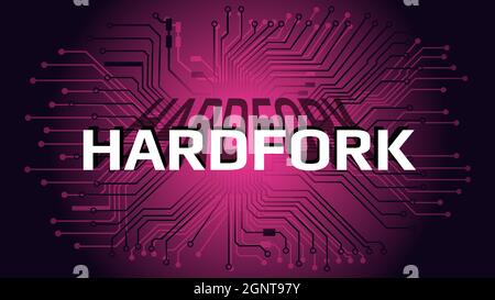 Cryptocurrency coin hardfork on red background with circuit board pcb. Splitting a coin into two ways. Vector illustration. Stock Vector