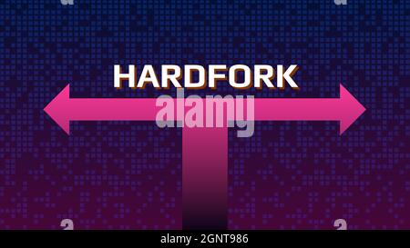 Cryptocurrency coin hardfork text over the split arrows. Splitting a coin into two ways. Vector illustration. Stock Vector