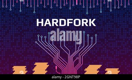 Cryptocurrency coin hardfork with pcb tracks and stacks of coins. Splitting a coin into two ways. Vector illustration. Stock Vector
