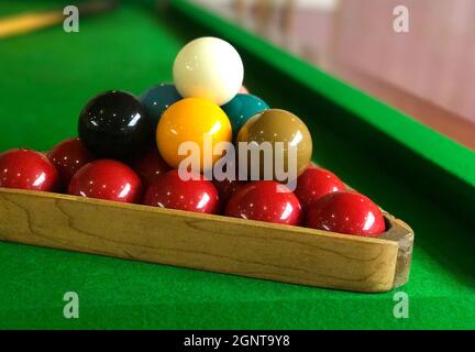 Closeup of snooker balls on the green game tabl Stock Photo