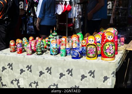Warsaw, Poland - September 1, 2018: Matryoshka dolls, babushka dolls, stacking dolls, nesting dolls, Russian tea dolls, or Russian dolls in a souvenir Stock Photo