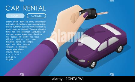 Business concept. Female hand holds  client key of car of rental salon. Car rental and purchase at auto dealership. Realistic vector Stock Vector