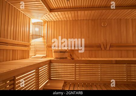 Wooden Sauna, wet area, steam, recreation zone Stock Photo