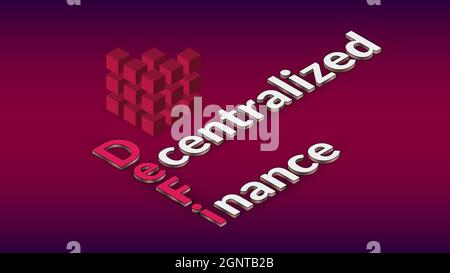 Defi decentralized finance, colored isometric text with cube on red. Design element for banner or news. Ecosystem of financial applications and servic Stock Vector