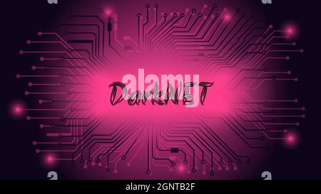 DarkNET text on dark red background with circuit board tracks. The dark side of the internet with hackers and illegal activities. Vector illustration. Stock Vector