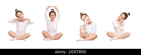 Set of images of little ballerina girl in white swimsuit and skirt, sitting in different poses Stock Photo