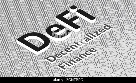 Defi - decentralized finance, isometric text on fragmented matrix black and white background from squares. Ecosystem of financial applications and ser Stock Vector