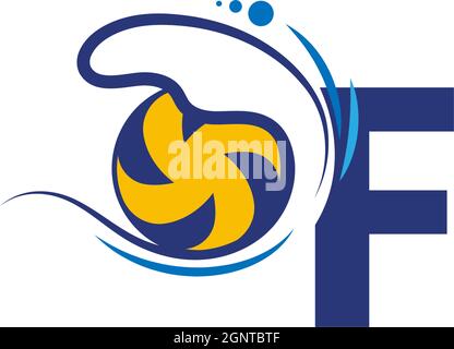 Letter F logo and volleyball hit into the water waves vector Stock Vector