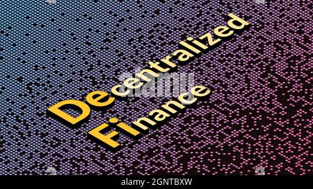 Defi - decentralized finance, isometric text on fragmented matrix background. Ecosystem of financial applications and services based on public blockch Stock Vector