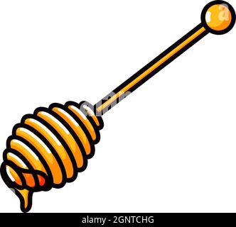 Wooden honey dipper, sketch doodle style vector illustration of honey spoon isolated on white background. Transparent liquid golden colored honey dripping icon Stock Vector