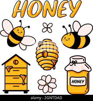 Set of cute bee, tasty healthy honey, jar, hives, flower, and text vector illustrations doodle. Hand drawn colored trendy vector illustration in cartoon style. Stock Vector