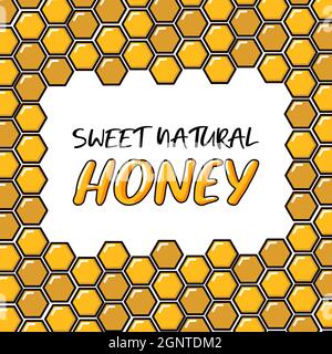 Frame with honeycombs. Cartoon doodle yellow vector illustration isolated on white. Perfect background for beekeepers, honey with text sweet natural honey  Stock Vector
