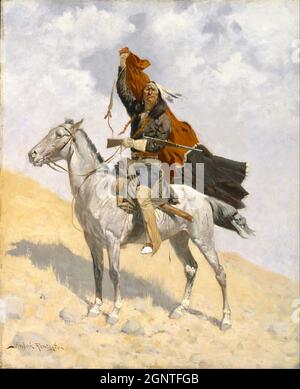 Frederick Remington artwork - The Blanket Signal - Lone native American horseman raise a blanket above his head as a signal. Stock Photo