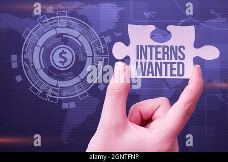 Text showing inspiration Interns Wanted. Business concept Looking for on the job trainee Part time Working student Hand Holding Jigsaw Puzzle Piece Stock Photo