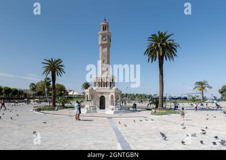 Izmir, Turkey - September 2021: Izmir Clock Tower in the daytime at the Konak Square, a famous landmark in Izmir, Turkey. Stock Photo