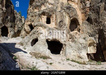 Phrygian Valley (Frig Vadisi). Ruins from thousands of years ago. Ancient caves and stone houses in Ayazini Afyonkarahisar, Turkey. Stock Photo