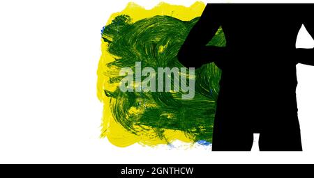 Mid section of silhouette of female handball player yellow and green paint brush strokes Stock Photo