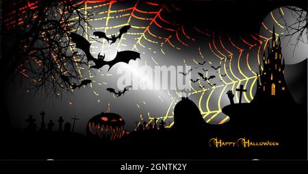 Halloween party banner, spooky dark background, silhouettes of characters and scary bats with gothic haunted castle, horror theme concept, scary Stock Vector