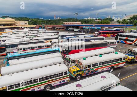 PANAMA CITY, PANAMA - MAY 30, 2016: Buses wait at Albrook Bus Terminal in Panama City. Stock Photo