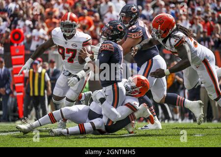 USA. 26th Sep, 2021. Cleveland Browns defensive end Myles Garrett (95) sacks Chicago Bears quarterback Justin Fields (1) during the second quarter at FirstEnergy Stadium, Sunday, September 26 2021, in Cleveland, Ohio. (Photo by Armando L. Sanchez/Chicago Tribune/TNS/Sipa USA) Credit: Sipa USA/Alamy Live News Stock Photo