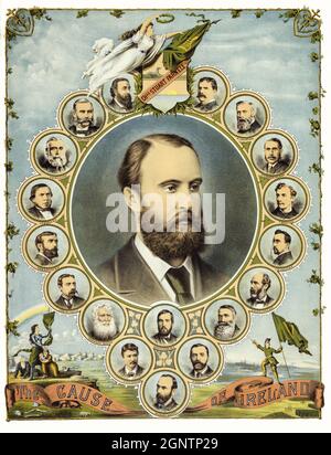 'The Cause of Ireland'. An illustration of Charles Stewart Parnell (1846-1891), was an Irish nationalist politician who served as a Member of Parliament (MP) from 1875 to 1891 and Leader of the Home Rule League from 1880 to 1882. Then from 1882 to 1891, he became Leader of the Irish Parliamentary Party, members of which circle his portrait. His party held the balance of power in the House of Commons during the Home Rule debates of 1885–1886. Stock Photo