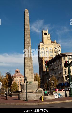 Pack Square with the Vance Monument and Neo-Gothic Jackson Building in Asheville, North Carolina. Stock Photo