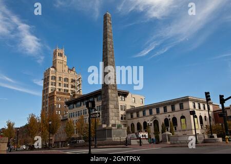 Pack Square with the Vance Monument and Neo-Gothic Jackson Building in Asheville, North Carolina. Stock Photo