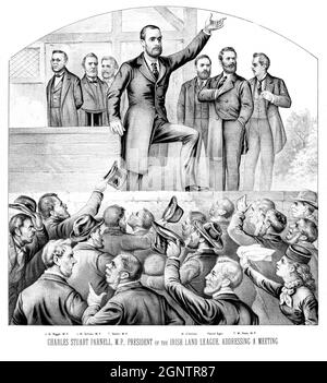 Charles Stewart Parnell (1846-1891),  an Irish nationalist politician who served as a Member of Parliament (MP) from 1875 to 1891 and Leader of the Home Rule League from 1880 to 1882 addressing a meeting. Stock Photo