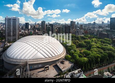 tokyo, japan - may 03 2021: Bird view of the Tokyo Dome stadium called The Big Egg part of shopping center Laqua Tokyo Dome City Mall in kourakuen asi Stock Photo