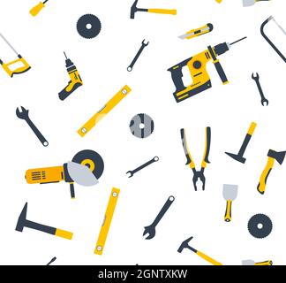 House repair tool seamless pattern logo. Woodwork house repair saw home construction vector background Stock Vector