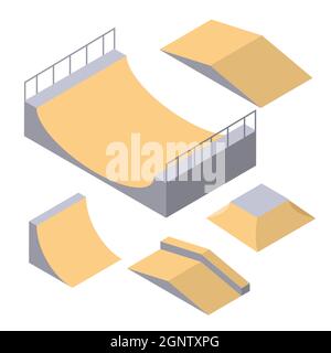 Skatepark elements vector wooden isometric court. Skateboard ramp freestyle bmx skate arena Stock Vector