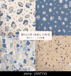 Seamless animal pattern. Cheetah leather repeats in blue and beige colors. Graphic collection of animal textures. Stock Vector