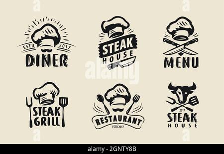 Restaurant label set. Gourmet chef food emblems, kitchen workshop or cooking club labels vector illustration Stock Vector