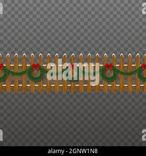 Seamless christmas fence. wooden fence with snow and garlands with christmas balls and red bow Stock Vector