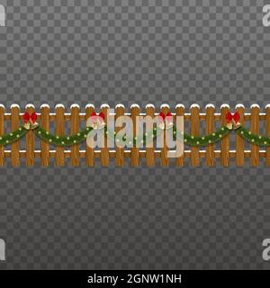 Seamless christmas fence. wooden fence with snow and garlands with christmas balls and red bow Stock Vector