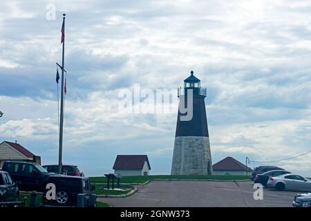 Point Judith Lighthouse with parking car parking area on a Cloudy Day -03 Stock Photo