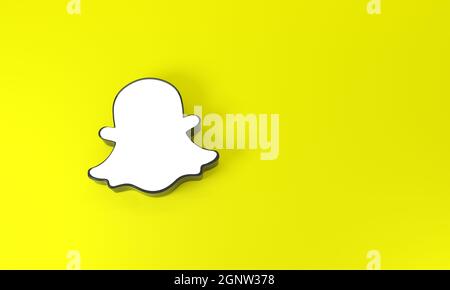Snapchat logo with space for text and graphics on top view on Yellow background. 3d rendering. Stock Photo