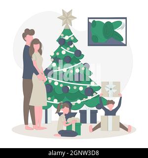 Children open Christmas presents. Cozy family New Year evening. Vector flat illustration. Happy family on a holiday. Stock Vector