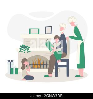 Grandparents reads kids. Cozy family evening. Grandfather sits with grandson on a chair with a book, reads and tells a fairy tale. Boy, girl and grand Stock Vector