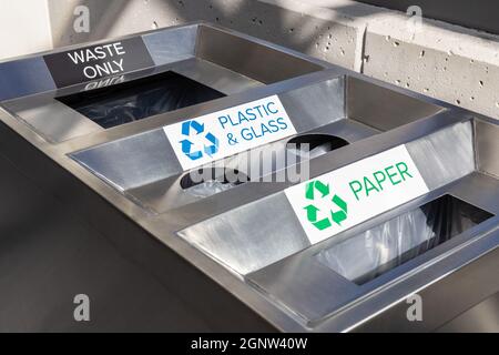 Garbage bin for waste only and recycle, paper, plastic and glass. Trash container in public place in Ottawa, Canada Stock Photo