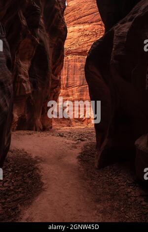 Red Light Glows on Back Wall of Buckskin Gulch in Southern Utah Stock Photo