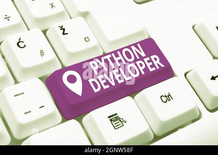 Text sign showing Python Developer. Internet Concept responsible for writing serverside web application logic Creating New Online Shop Business Stock Photo