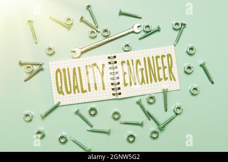 Text caption presenting Quality Engineer. Word for ensure the overall quality of a manufactured product Maintenance Tools And Equipments Mechanic And Stock Photo